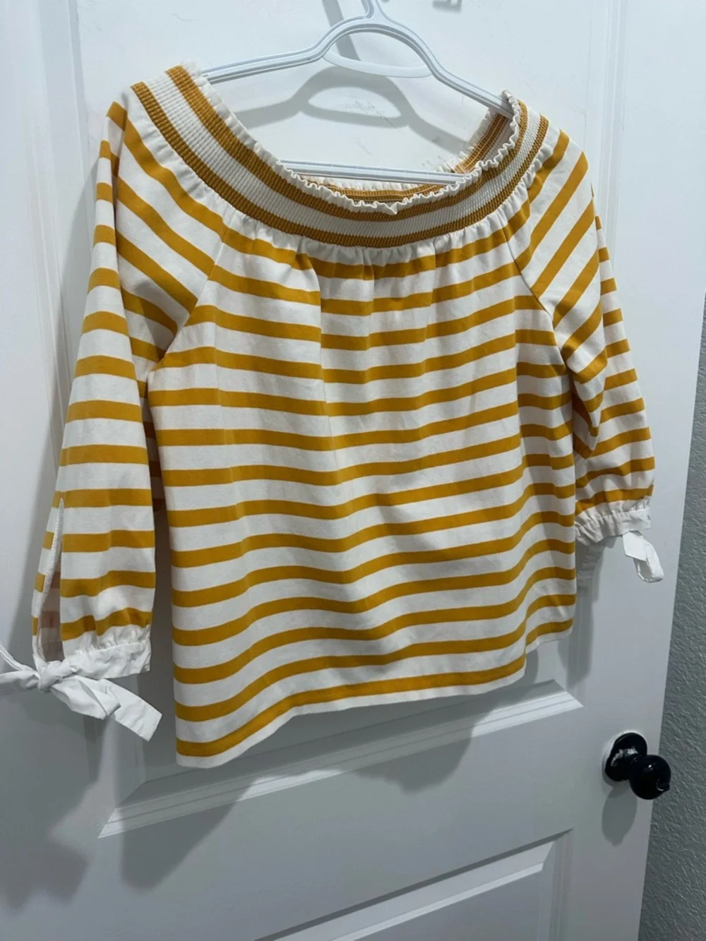 J. Crew White and Mustard Striped Off-Shoulder Top SZ M